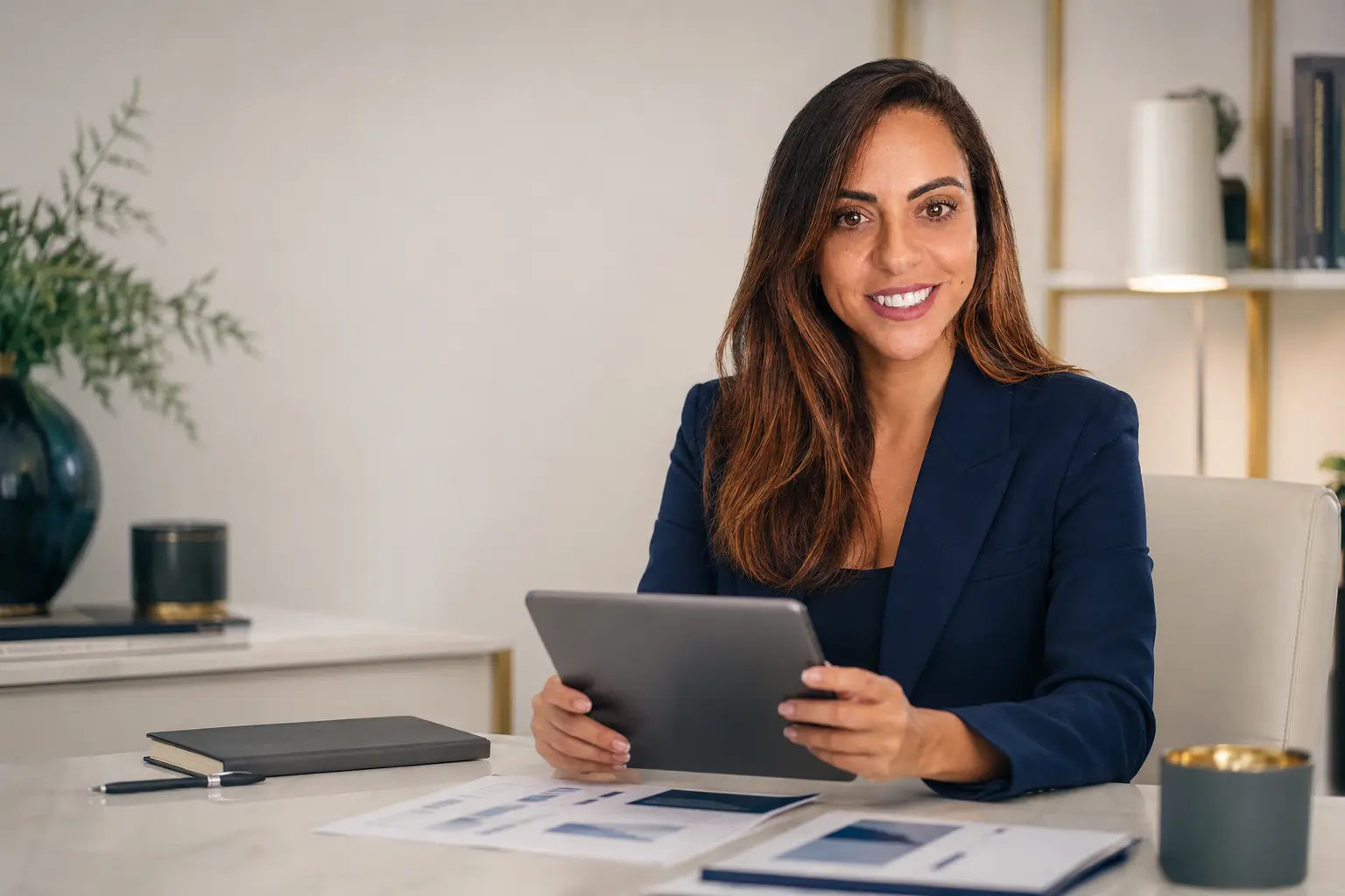Carina Pinho analisando opções de planos de saúde durante uma consultoria