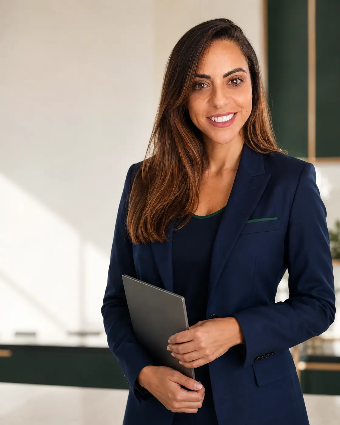 Carina Pinho, especialista em planos de saúde, com tablet em ambiente profissional